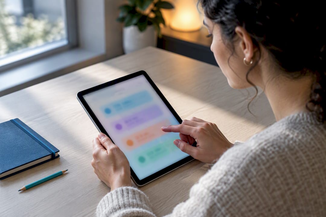Adulte réalisant une auto-évaluation sur tablette