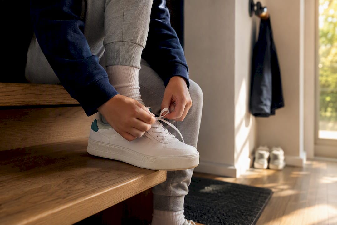 Child carefully tying a shoelace