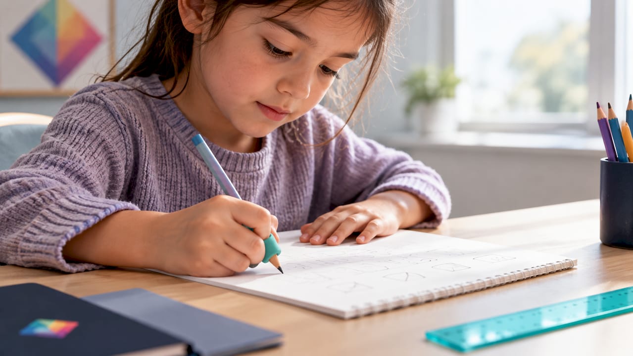 Child practising handwriting with pencil