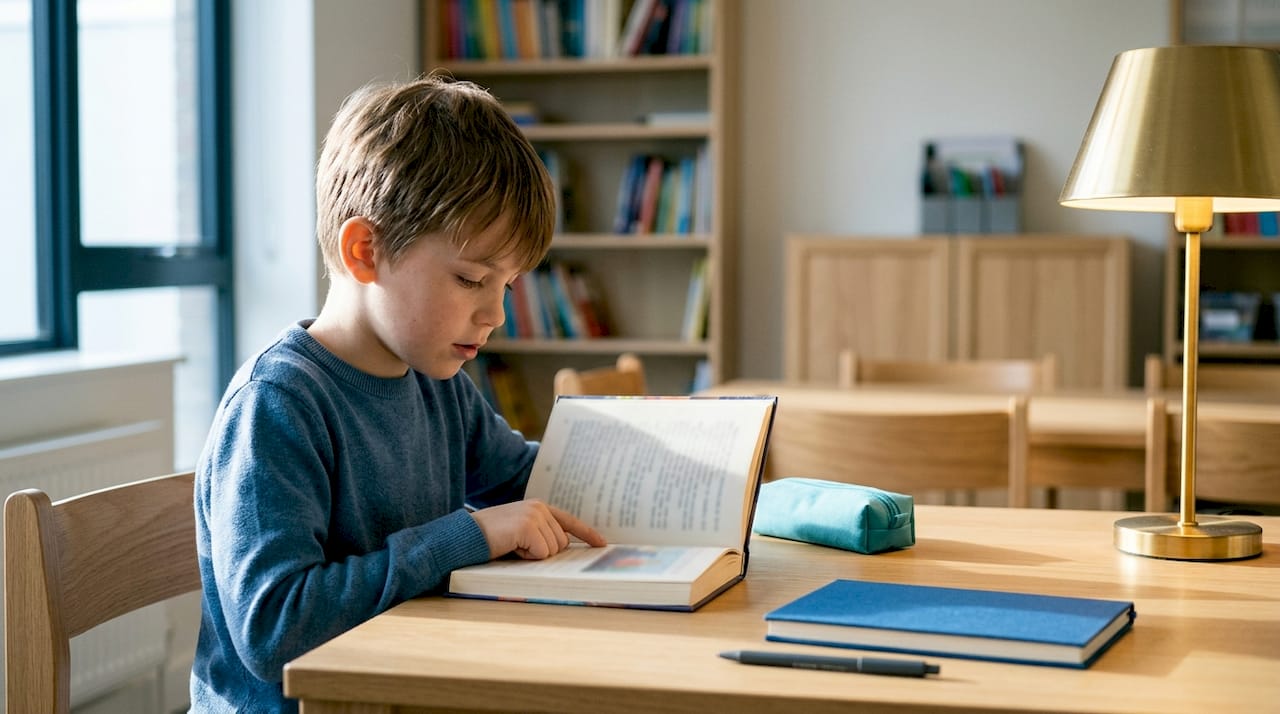 Niño leyendo en voz alta en clase