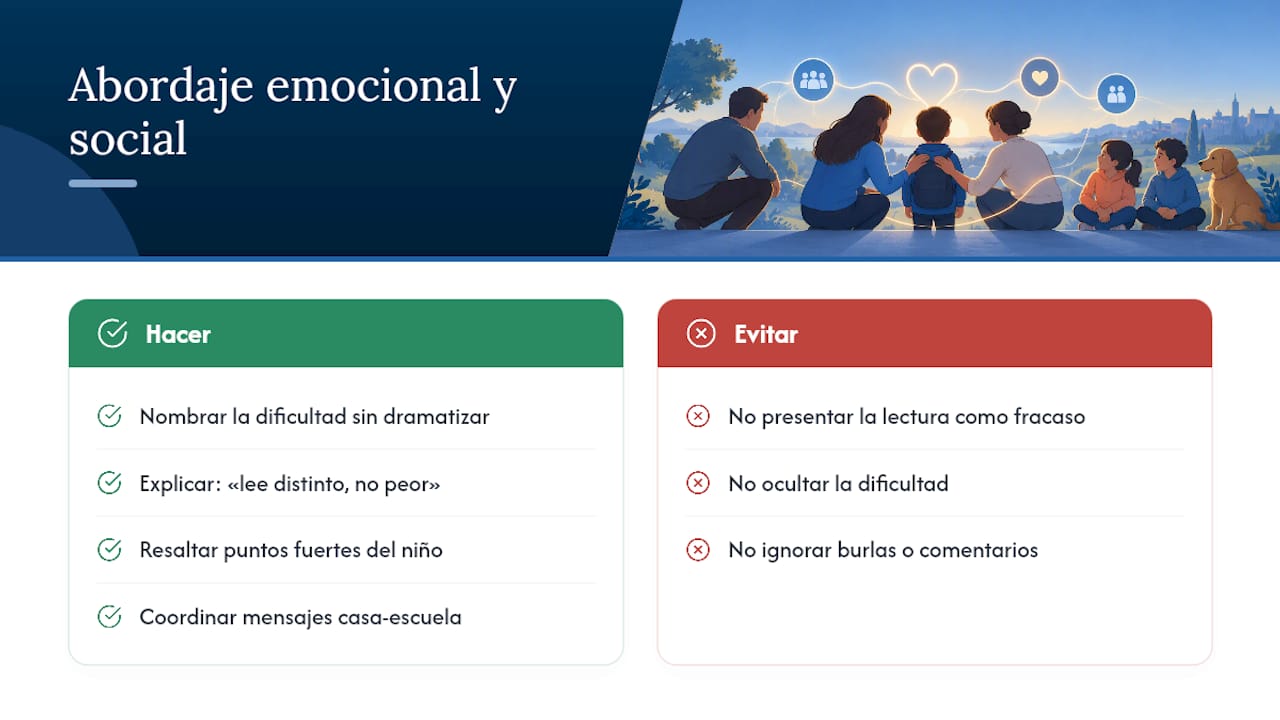 Impacto emocional y social de la dislexia en niños y cómo abordarlo — overview diagram
