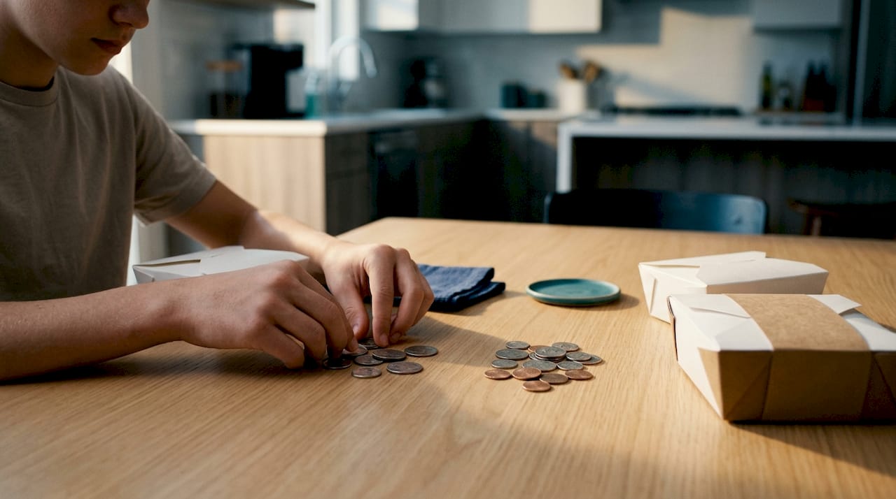 Teen dividing coins for a shared bill