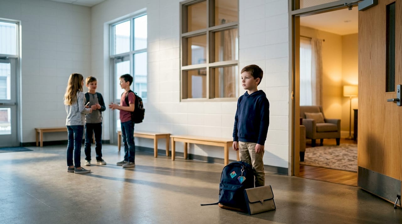Bambino tranquillo all'ingresso della scuola