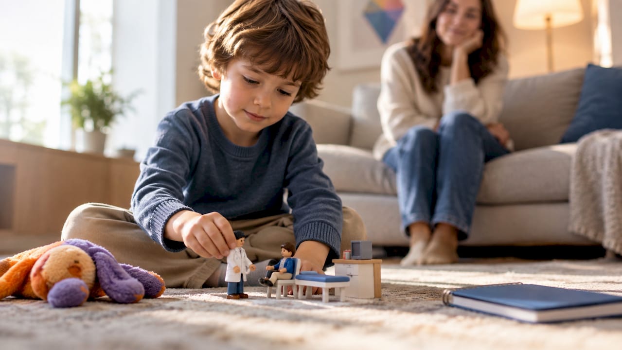 Enfant jouant au docteur avec des figurines