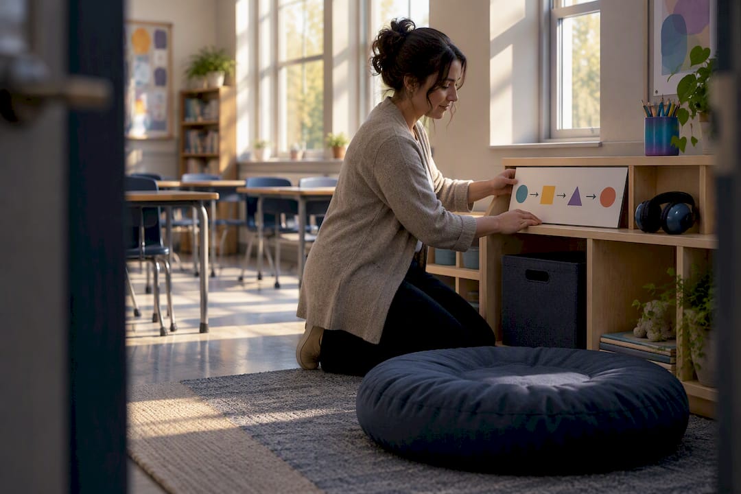 Teacher arranging an autism-friendly classroom