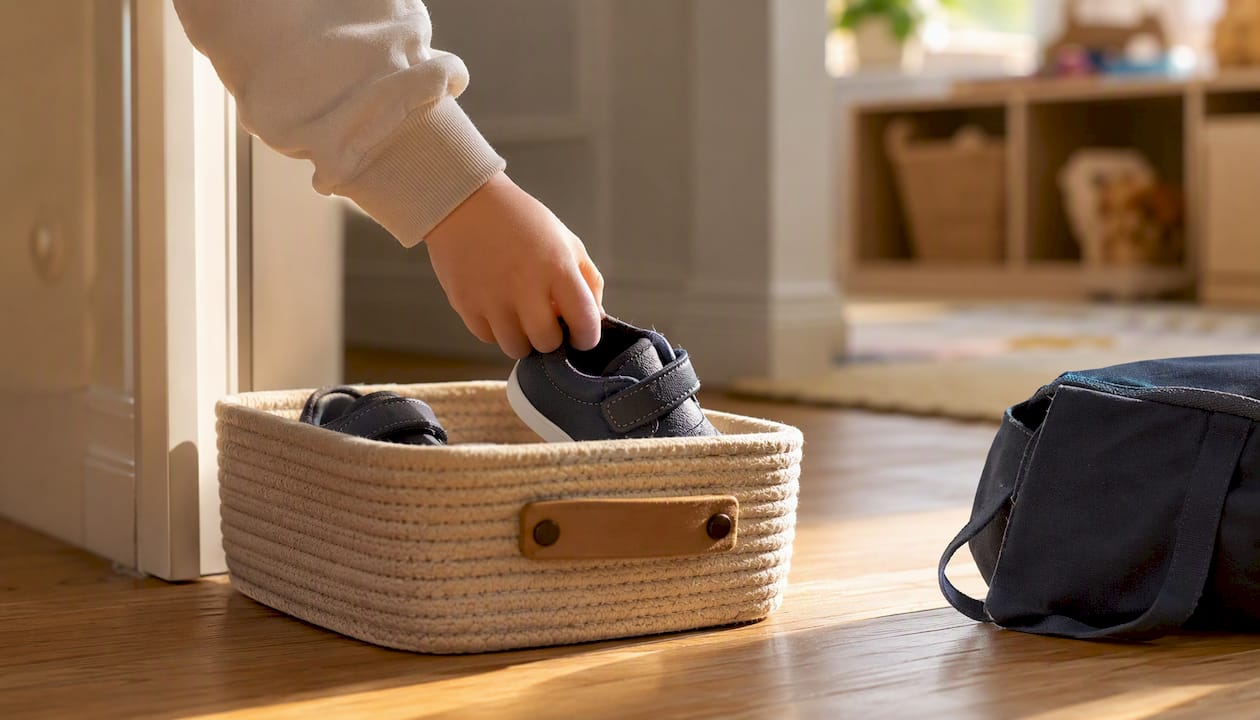 Preschooler holding shoe as transition cue