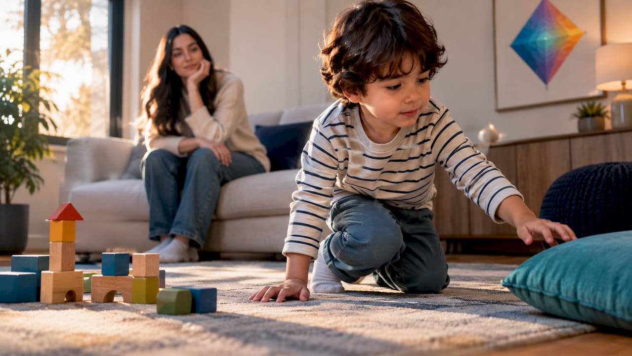 Parent observing preschooler during activity change