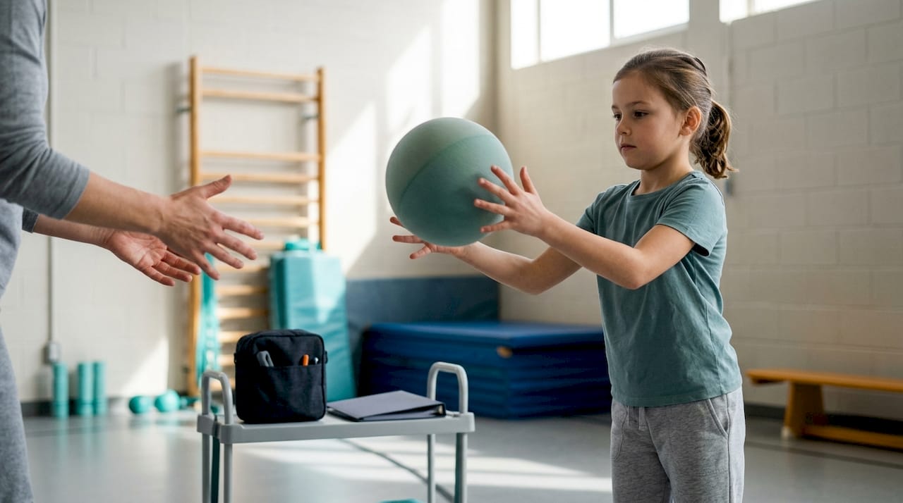 Child practicing ball catching during therapy