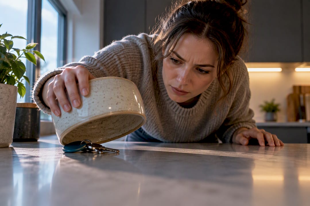Un adulto cerca le chiavi sul piano della cucina