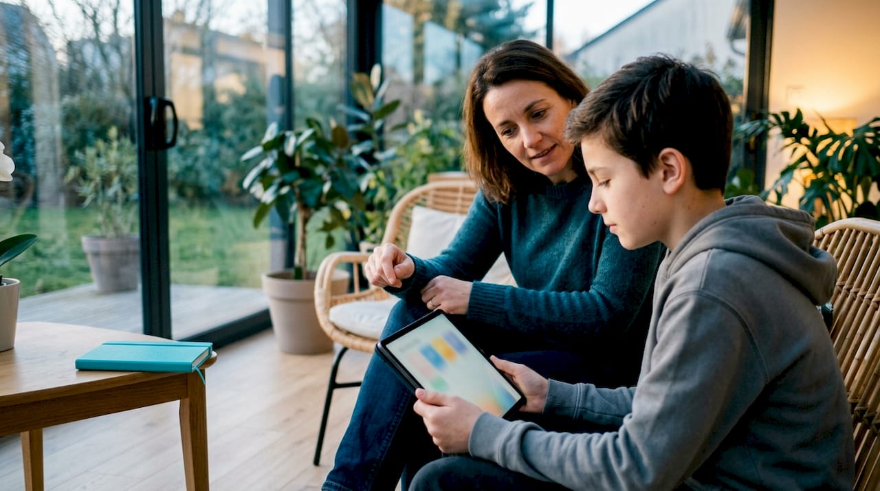 Adolescent regardant un profil avec un parent