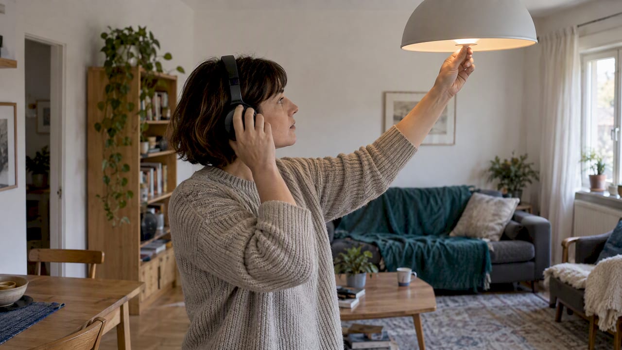 Mujer regulando la luz y el sonido en casa