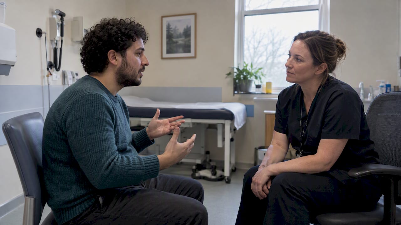 Adult discussing social difficulties with clinician