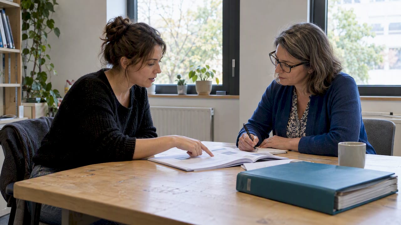 Un adulte et un psychologue analysant un rapport