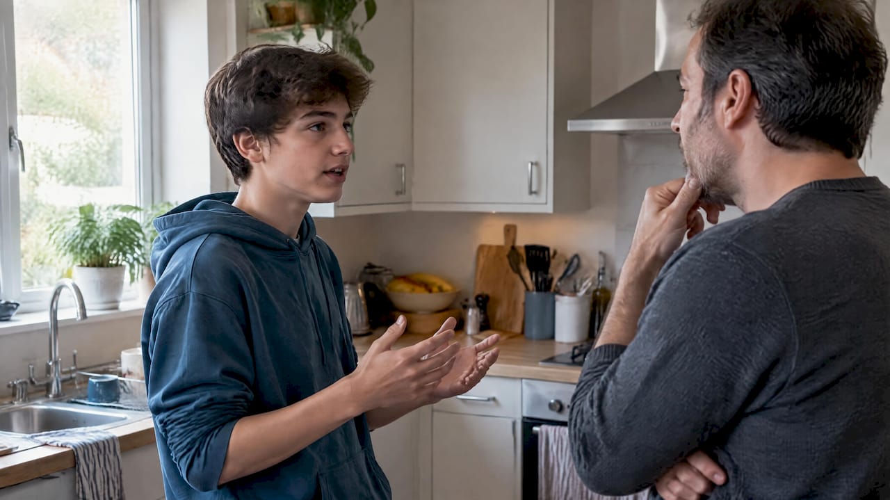 Adolescente conversando con su padre en casa