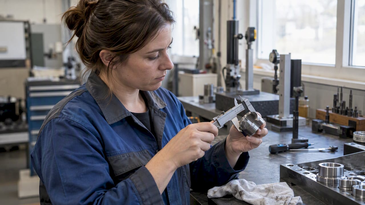 Technicienne vérifiant une pièce lors du contrôle qualité