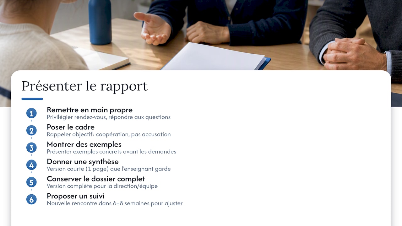 Comment présenter le rapport à l'équipe éducative — overview diagram