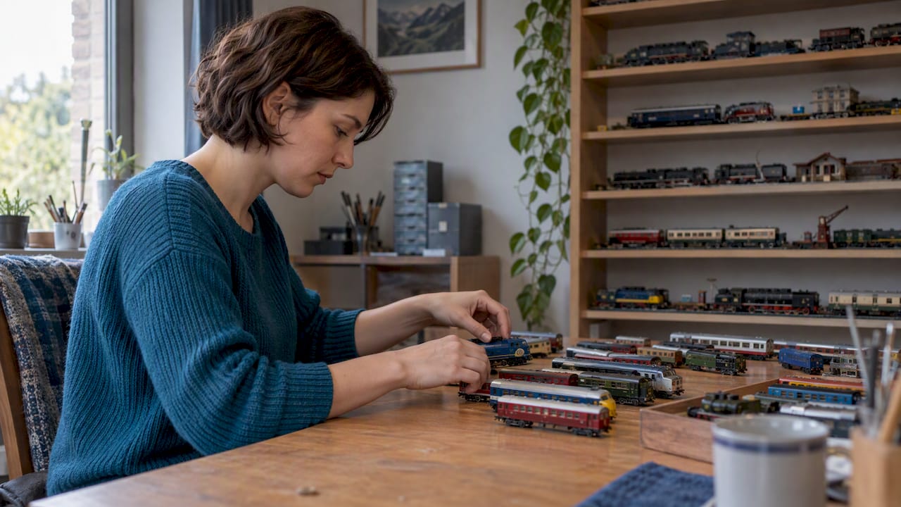 Mujer organizando trenes en miniatura