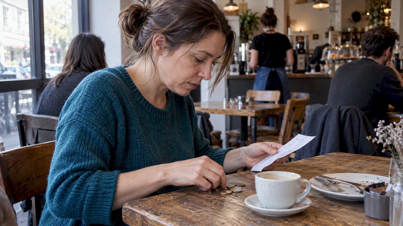 Mujer adulta calcula cuánto dejar de propina en una cafetería