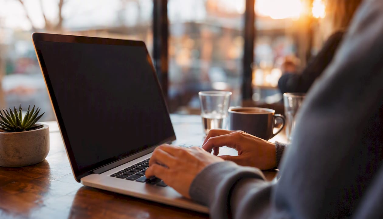 Hands poised over laptop on desk