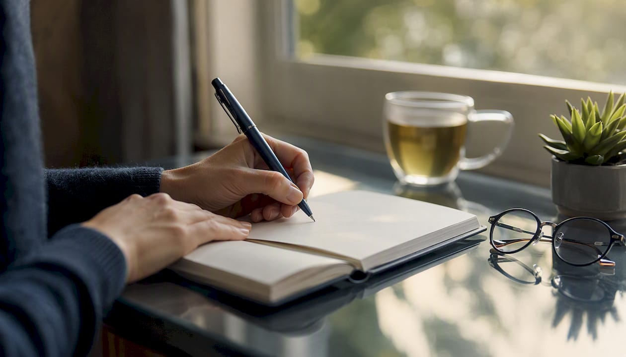 Hands writing in journal with tea cup nearby