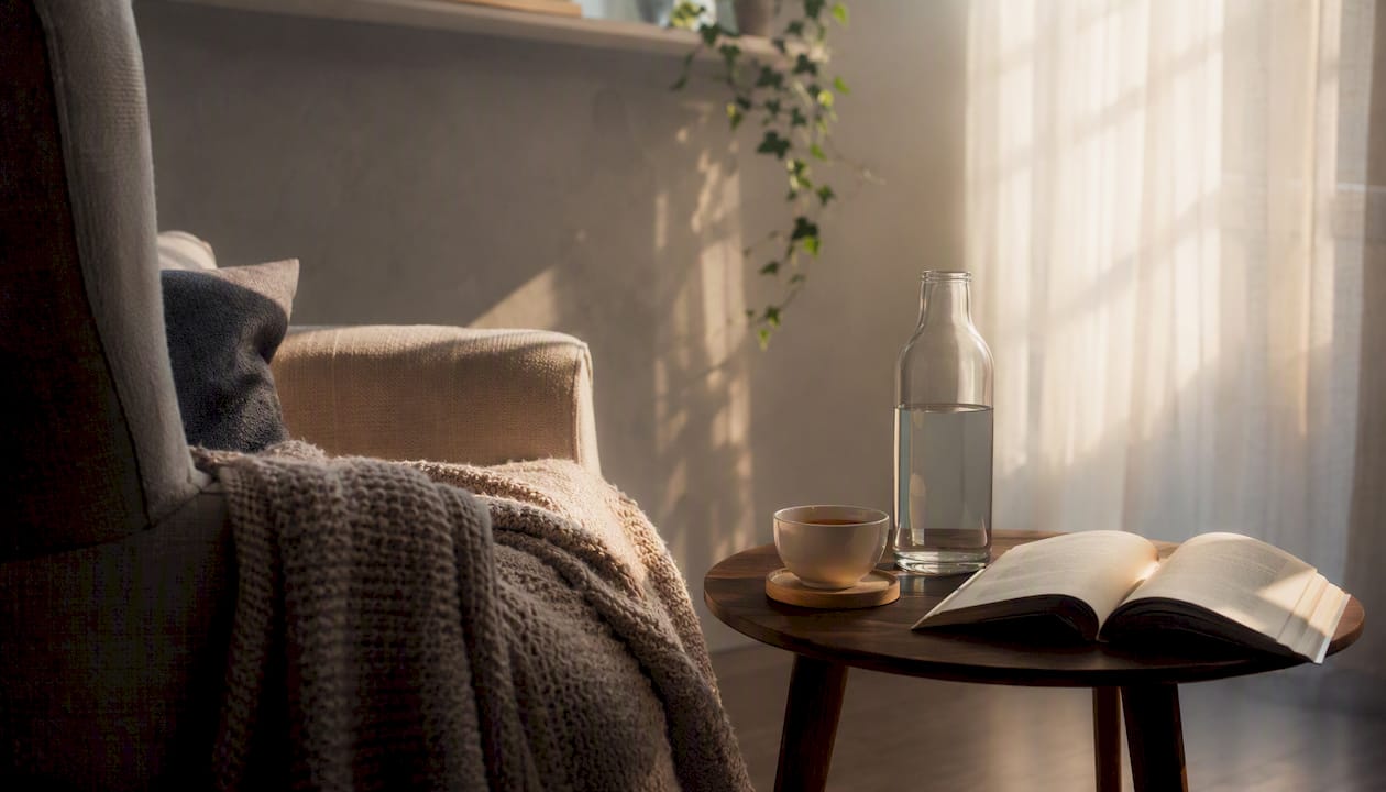 Calm corner with tea, plant and blanket