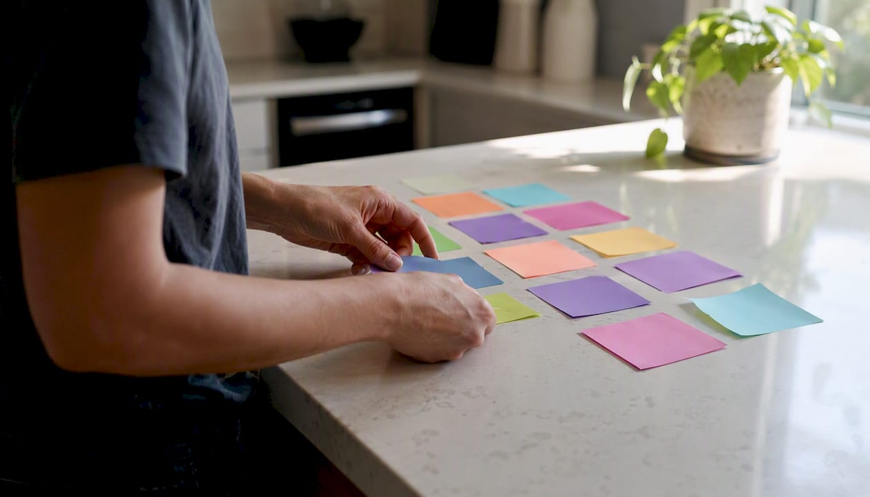 Hands organizing index cards on desk