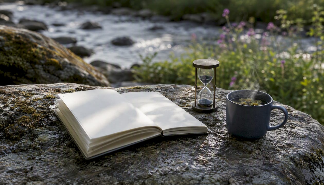 Park bench with tea and notebook