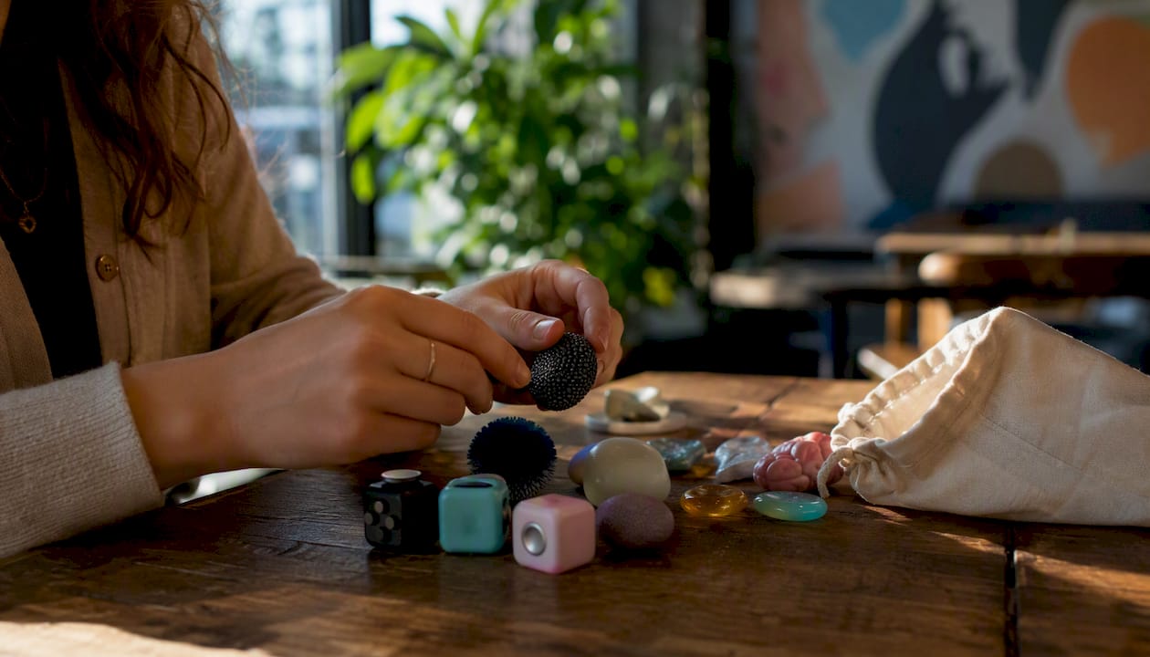 Hands sorting assorted sensory tools