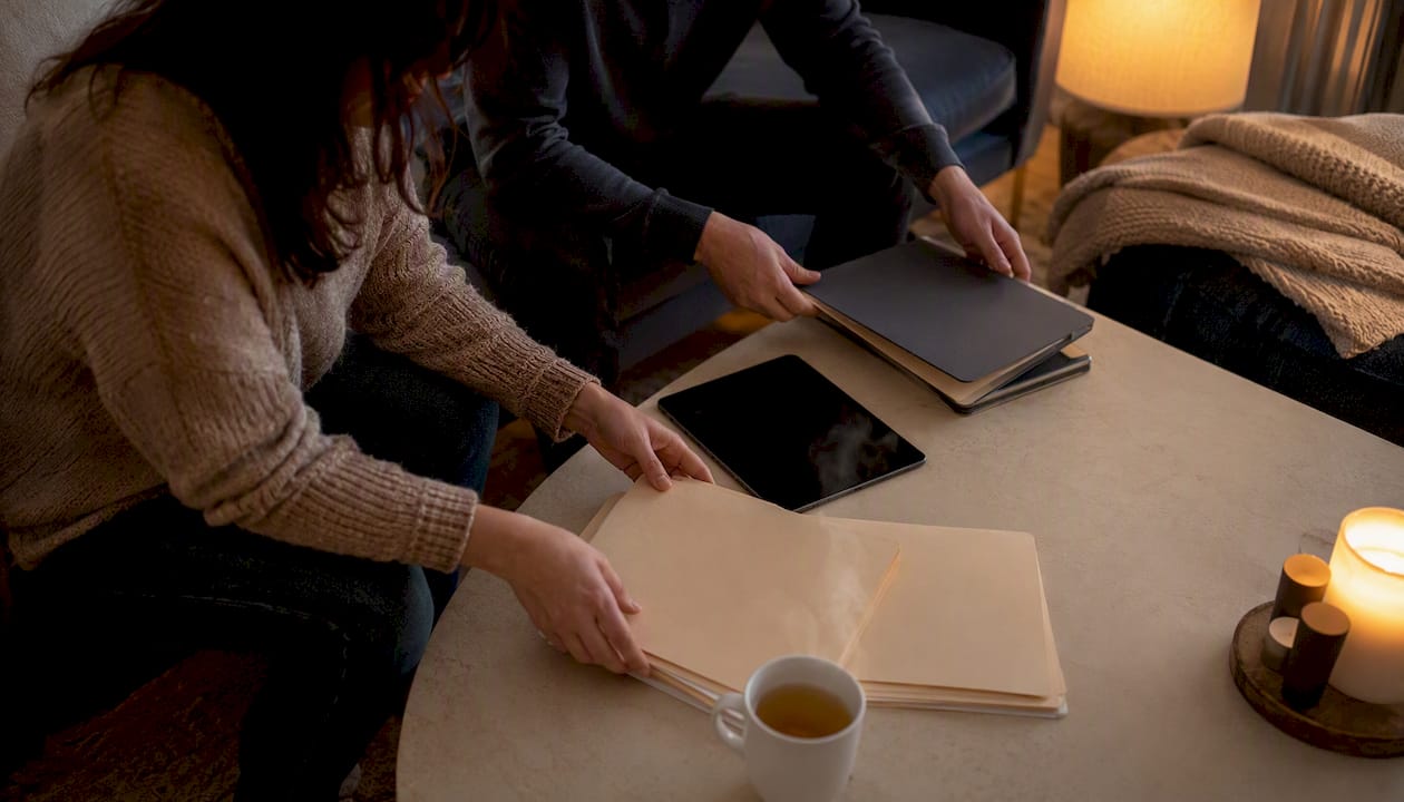 Family organizing paperwork at home table