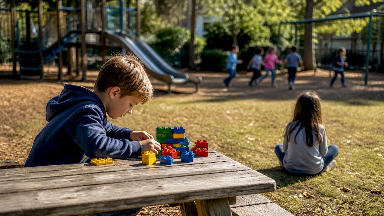 Two children playing alone on playground