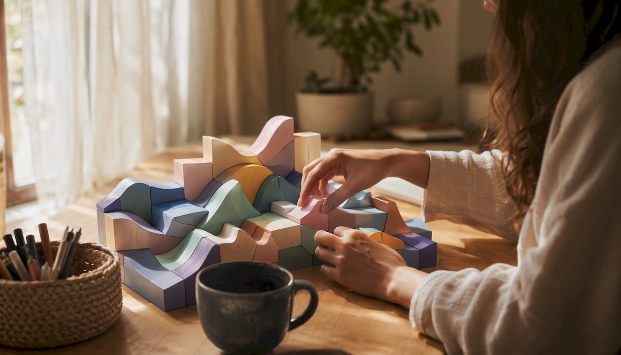 Hands assembling puzzle with peaks and valleys