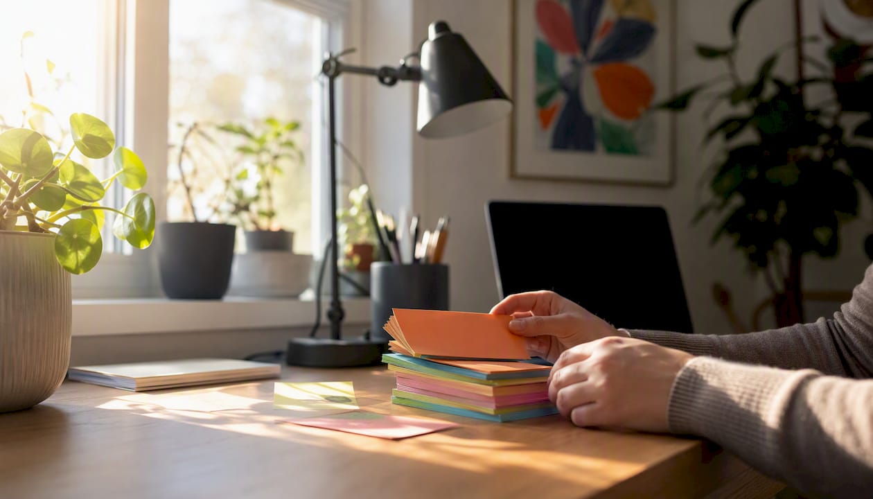 Hand organizing ADHD symptom cards on desk