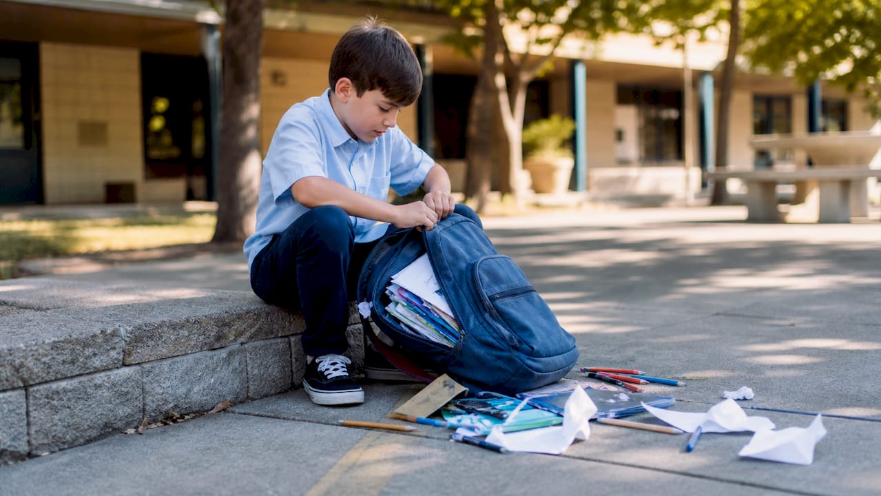 Child struggling with messy backpack at school