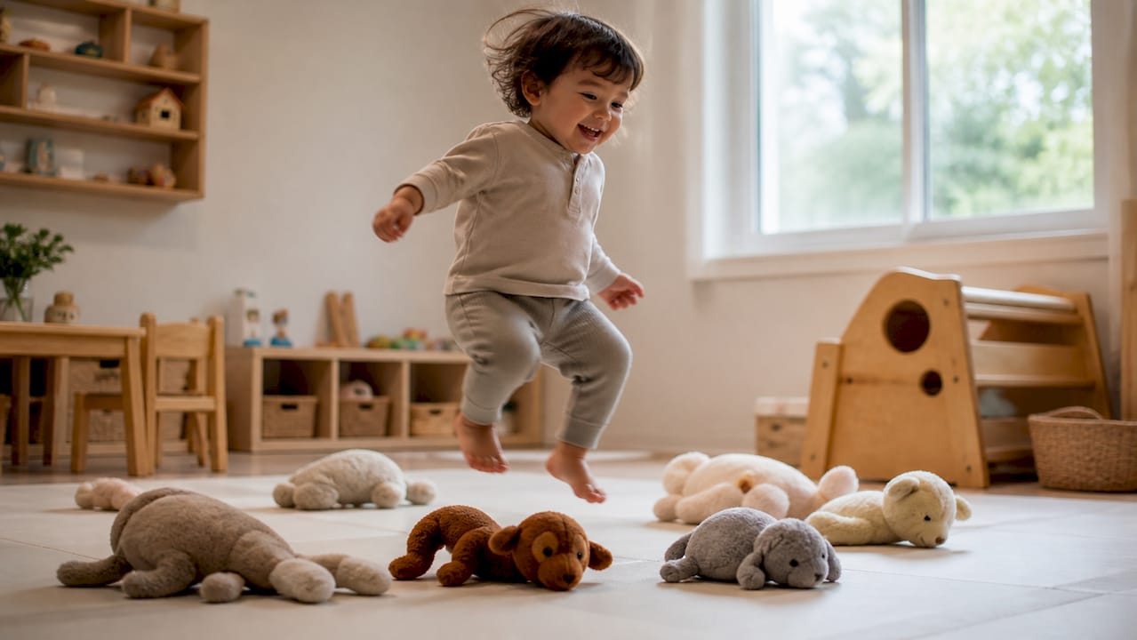 Toddler running energetically in playroom