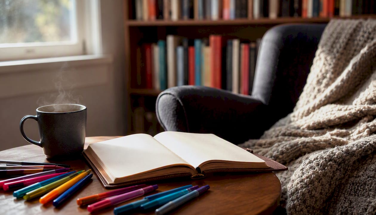 Study nook with notebook and writing tools
