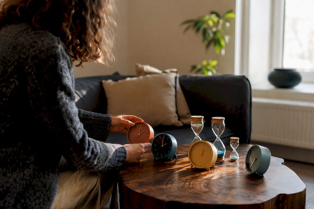 Hands adjusting multiple colorful timers and clocks