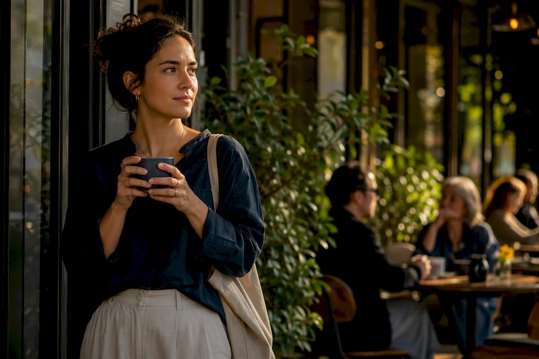 Woman pausing with coffee cup in café