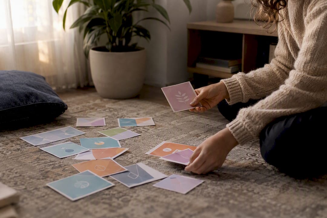 Hands sorting task cards on table