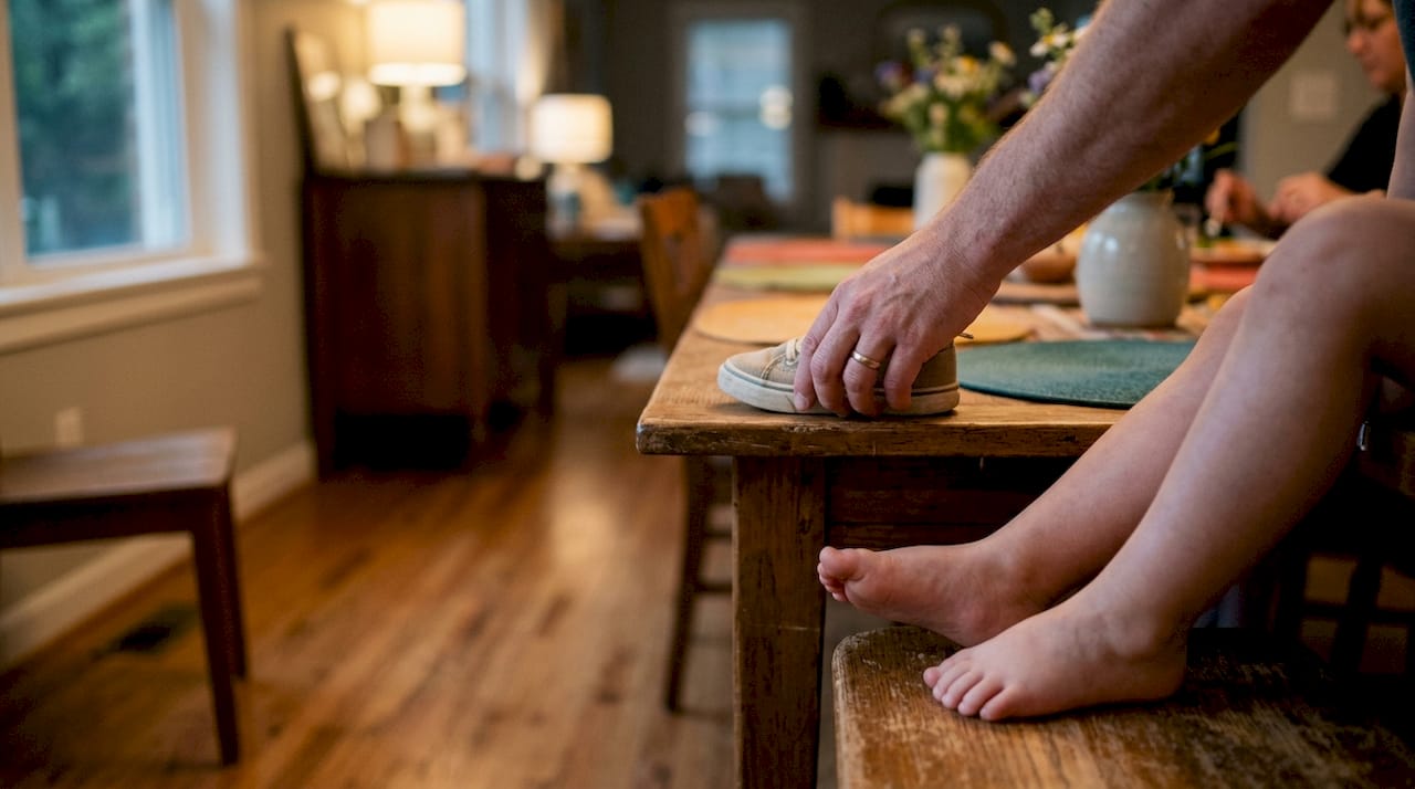 Parent gently setting a shoe for child