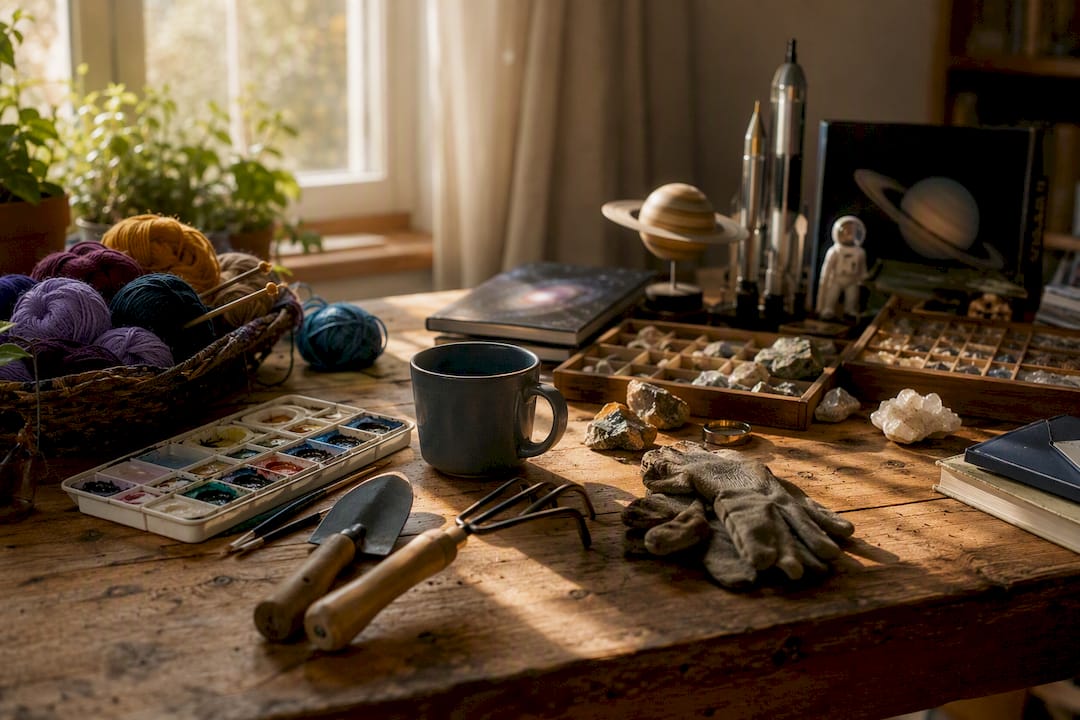 Overhead view of hobby and special interest objects