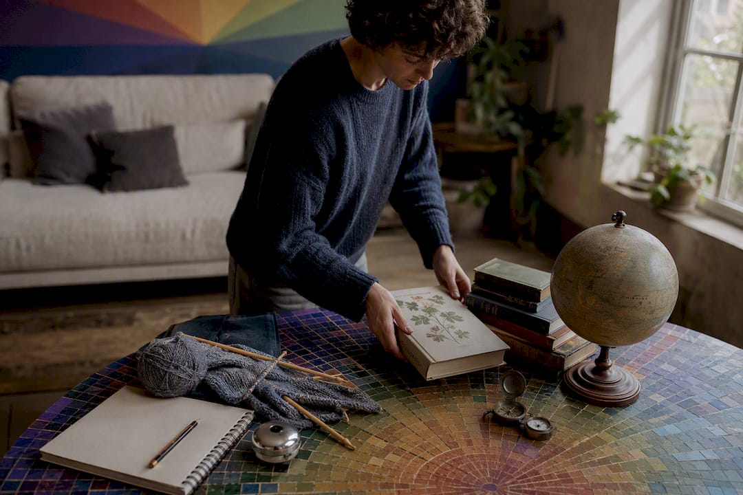 Hands arranging hobby and special interest objects on a table