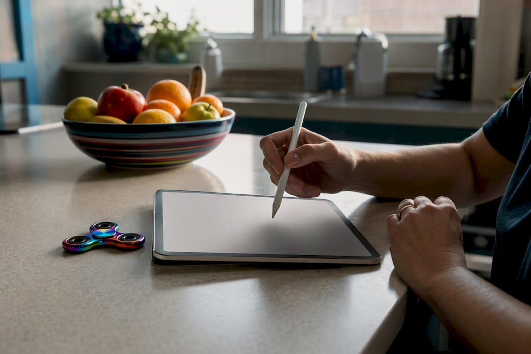 Hand poised to start digital ADHD self-assessment