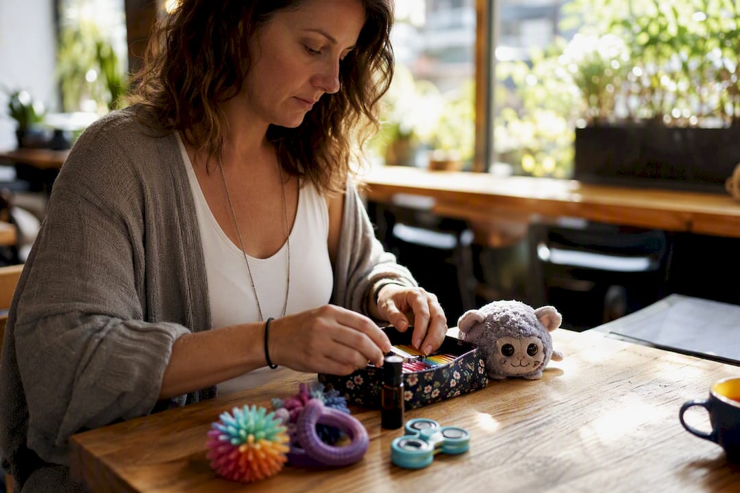 Woman organizing ADHD support items at home