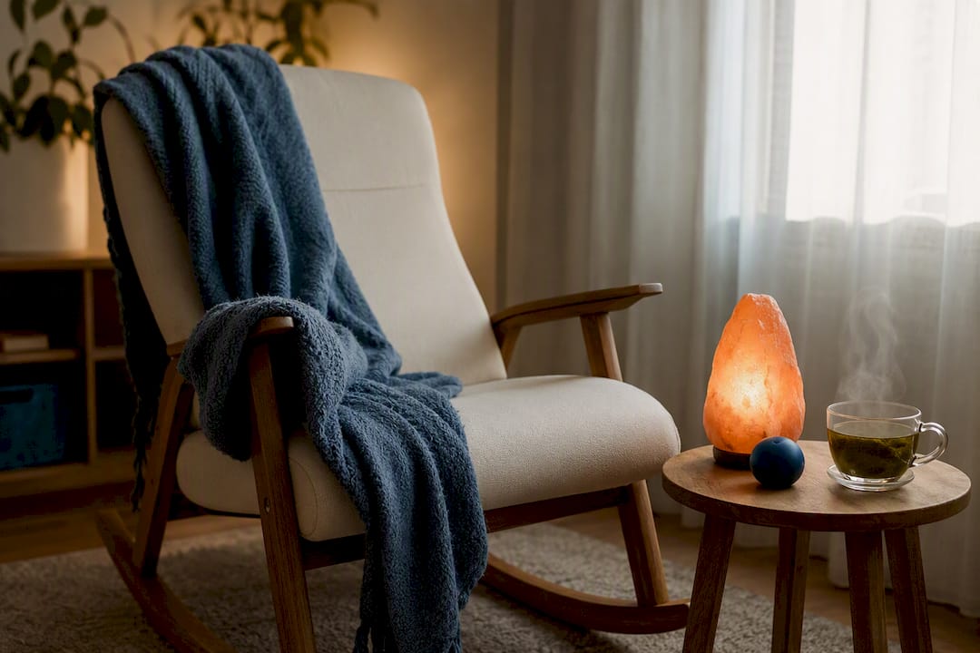 Rincón de relajación sensorial tranquilo con luz suave
