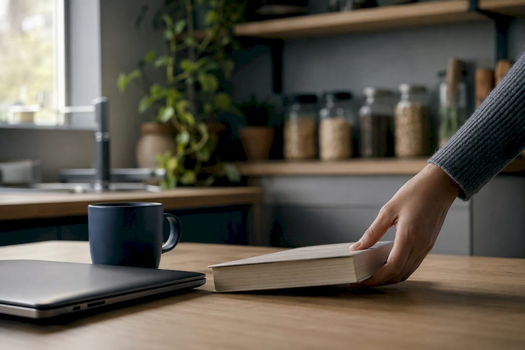 Espace de travail minimaliste avec café et plante