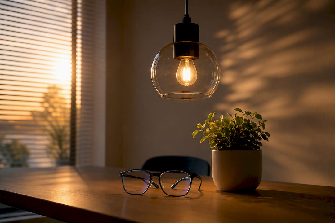 Bombilla de luz cálida encendida cerca de unas gafas