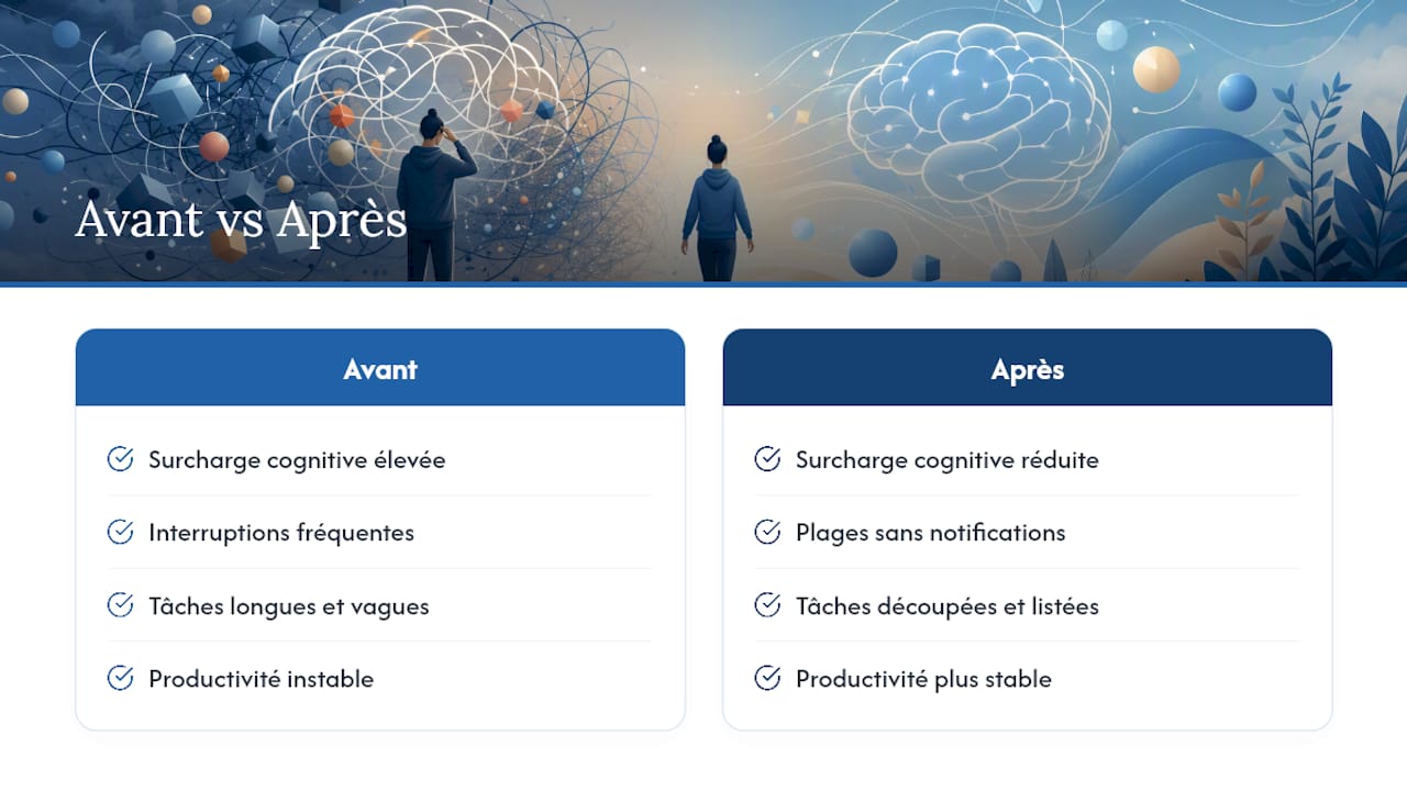 Schéma comparant la productivité avant et après la réduction des interruptions