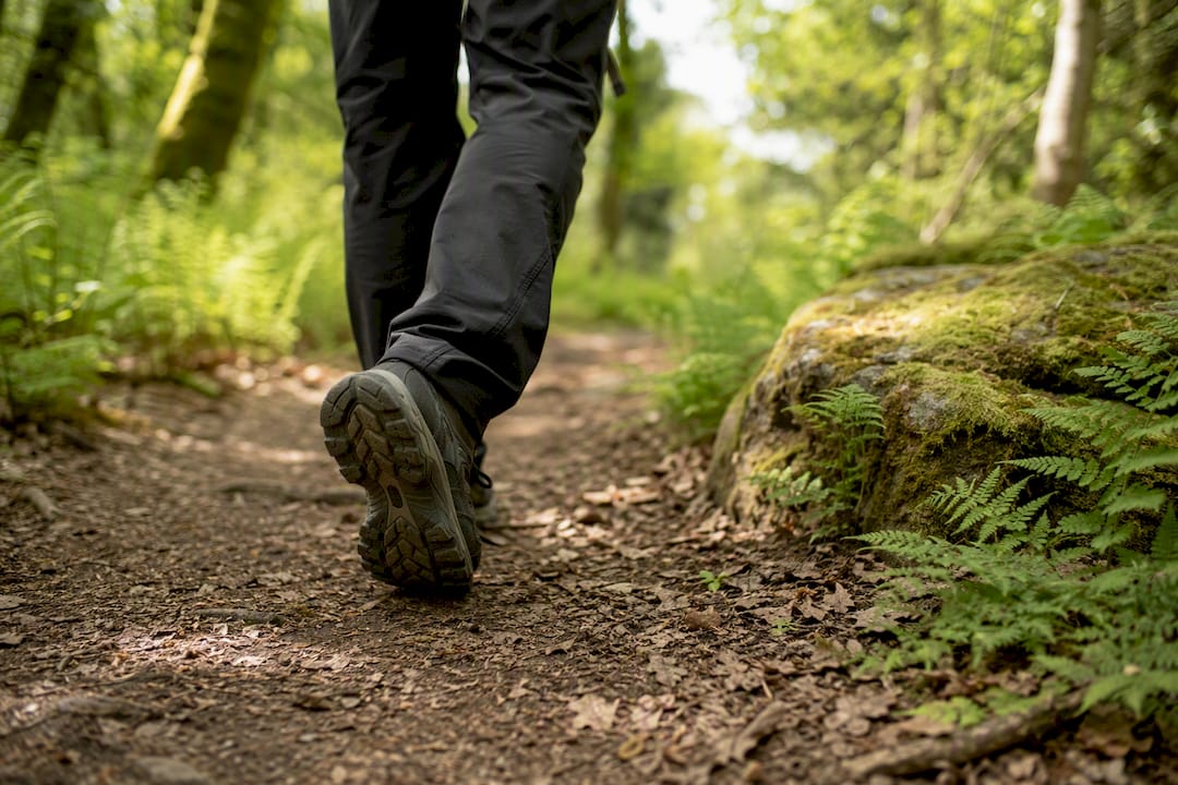 Pieds marchant sur un sentier forestier couvert de feuilles