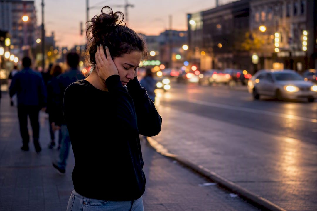Personne se bouchant les oreilles dans une rue animée