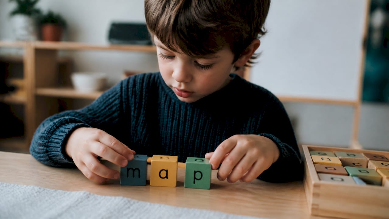 Niño combinando fonemas con bloques de letras